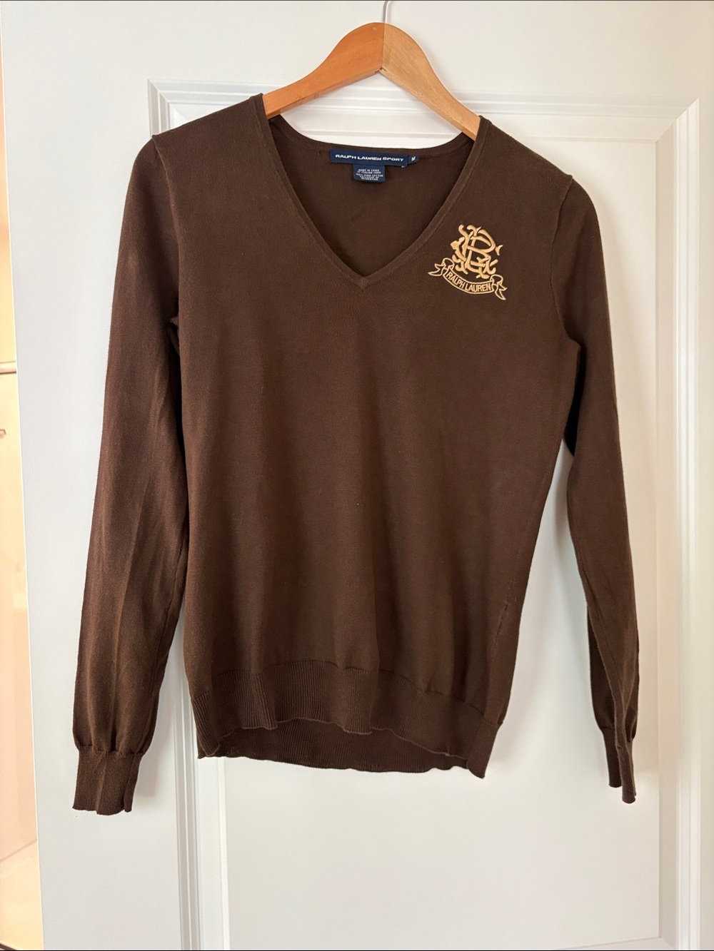 Ralph Lauren Brown V-Neck Sweater with Gold Crest